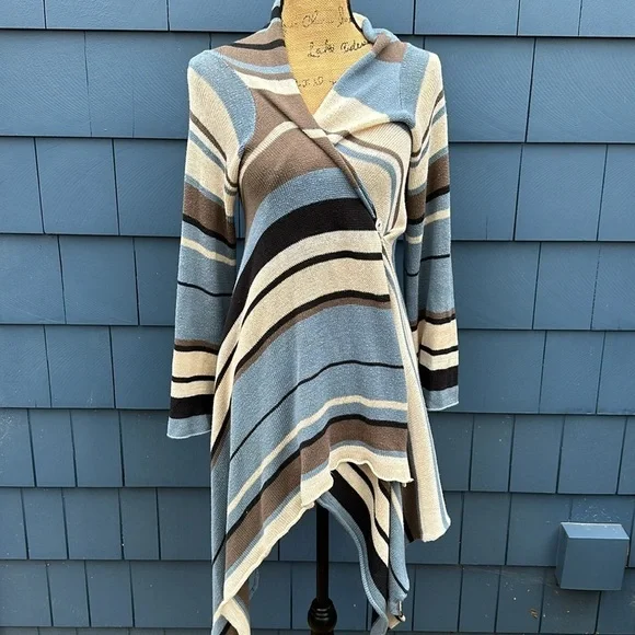 💙🤎🤍Goddis S/M blue tan cream black Naples sweater cardigan drape - Picture 8 of 10